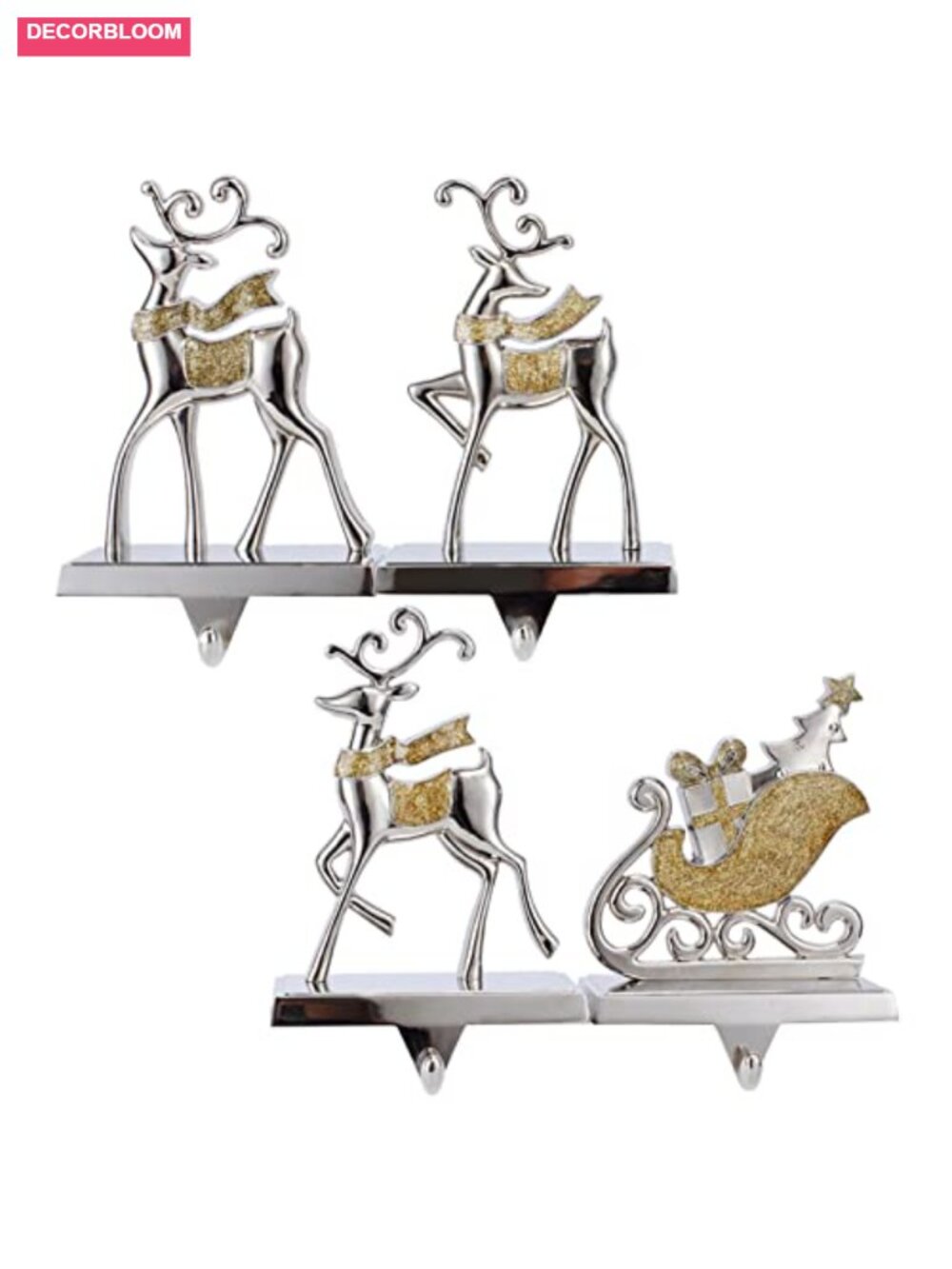 Set of 4 Christmas Stocking Holders Metal Mantel Hooks Reindeer & Sleigh